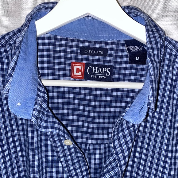 Chaps Shirt Mens Medium Blue Plaid Easy Care Casual Button Up Spellout Logo - Picture 3 of 5